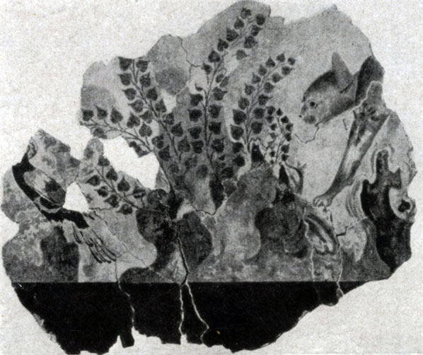 104 б. Кошка, подкрадывающаяся к фазану. Фреска из Агиа Триады. Середина 2 тысячелетия до н. э. Гераклейон. Музей.