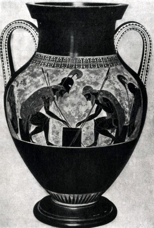 117 6. Эксекий. Аякс и Ахилл, играющие в кости. Роспись амфоры. Около 530 г. до н. э. Рим. Ватикан.
