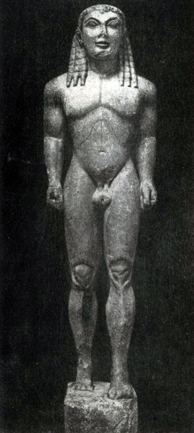 119 а. Полимед из Аргоса. Статуя Клеобиса (или Битона) из Дельф. Мрамор. Около 600 г. до н. э. Дельфы. Музей.