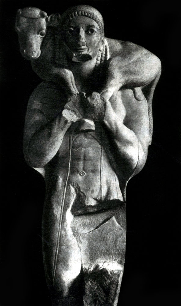 123. Мосхофор (человек, несущий теленка) с Афинского акрополя. Мрамор. Около 570 г. до н. э. Афины. Музей Акрополя.