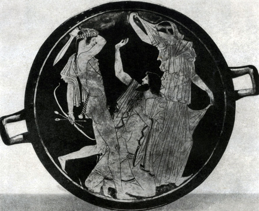 194 а. Аполлон, убивающий гиганта Тития. Роспись килика. Около 470 г. до н. э. Мюнхен. Музей античного прикладного искусства. 