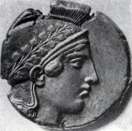 196 6. Греческая монета с изображением Афины . Вторая половина 5 в. до н. э.  