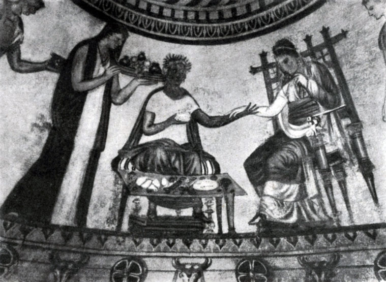 222 а. Роспись купольной гробницы в Казанлыке (Болгария). Фрагмент. Конец 4— начало 3 в, до н. э.