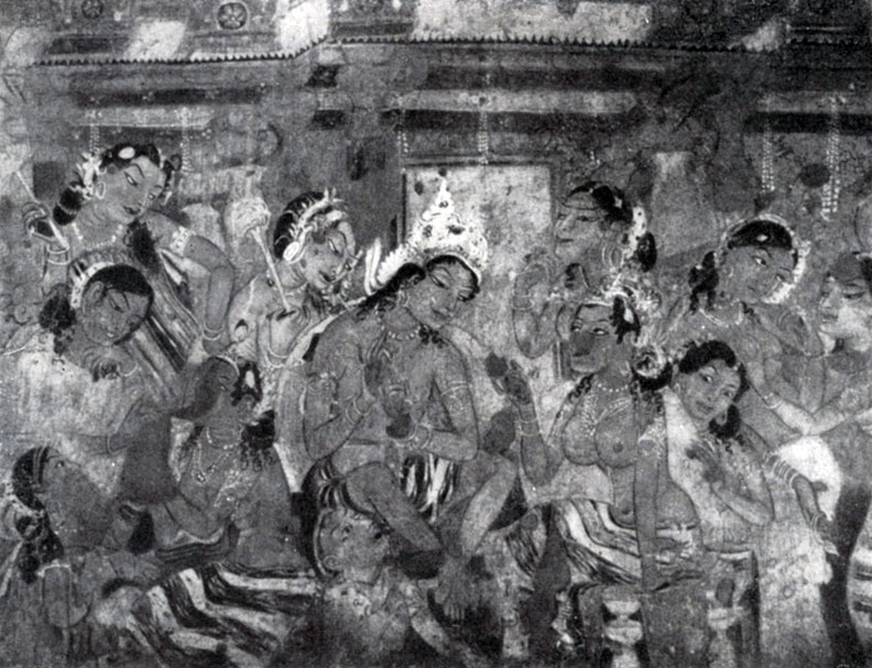 373 а. Дворцовая сцена. Фрагмент росписи пещерного храма № 1 в Аджанте. 6 в. н. э.
