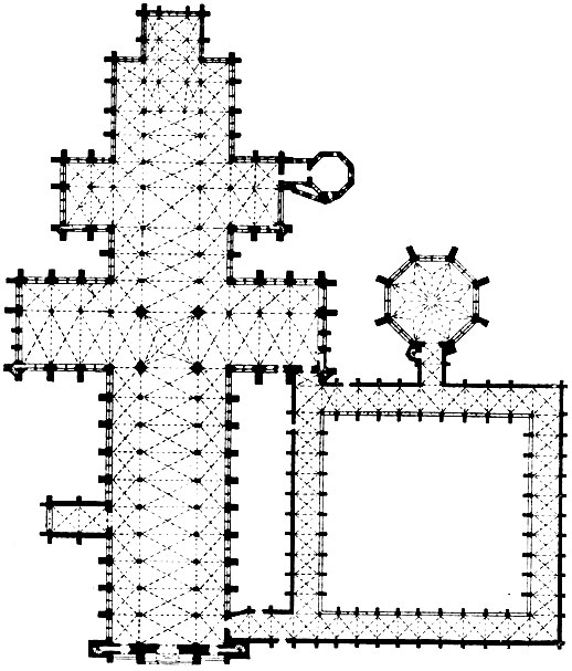 Собор в Солсбери. 1220-1270 гг.; башня над средокрестием - 14 в. План.