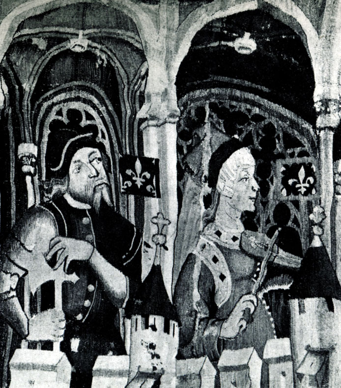 241 б. Шпалера из мастерской Никола Батайля с изображением девяти героев и героинь. Фрагмент. Около 1385 г. Нью-Йорк, Метрополитен-музей.