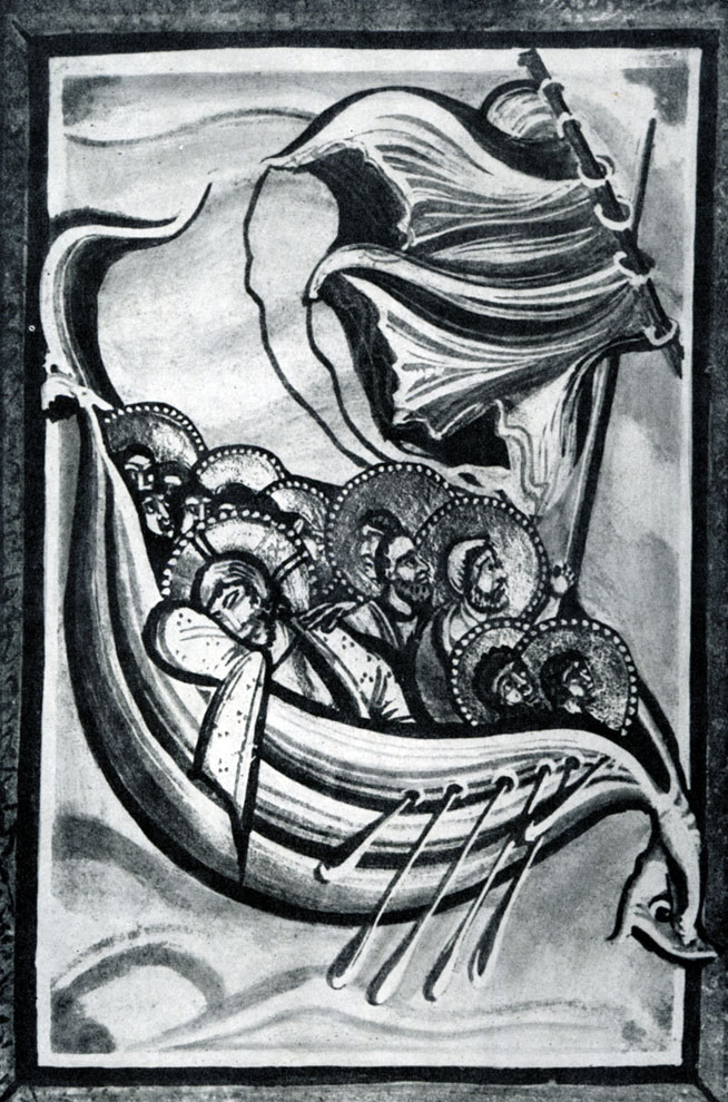 250.  Буря   на   Генисаретском   озере.   Миниатюра Кодекса аббатисы Гитды фон Мешеде. Около 1030 г. Дармштадт, библиотека.