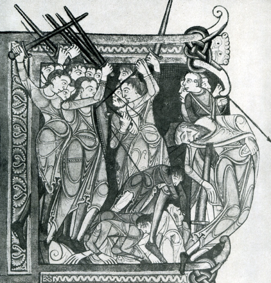 316.  Смерть Саула и его сыновей. Миниатюра Библии Ламбета. Около 1150 г. Лондон, Ламбет-палас.
