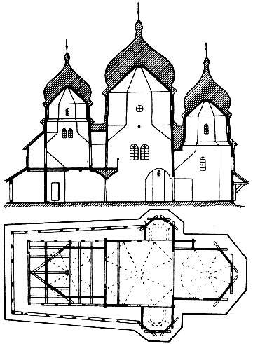 Церковь св. Юра в Дрогобыче. Начало 17 в. Продольный разрез и план.