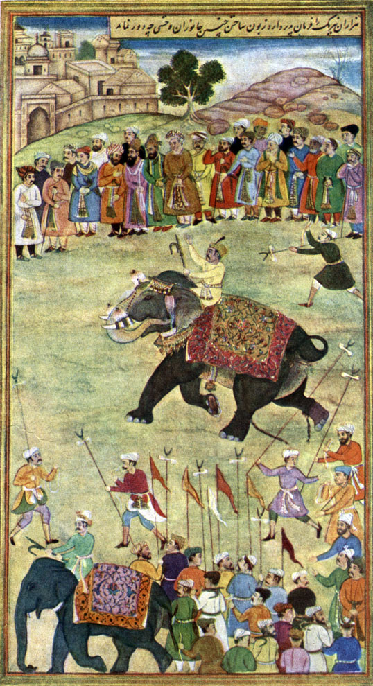 Падишах Акбар на слоне. Миниатюра из рукописи «Акбар-наме». Конец 16 в. Лондон, собрание Честер Битти.