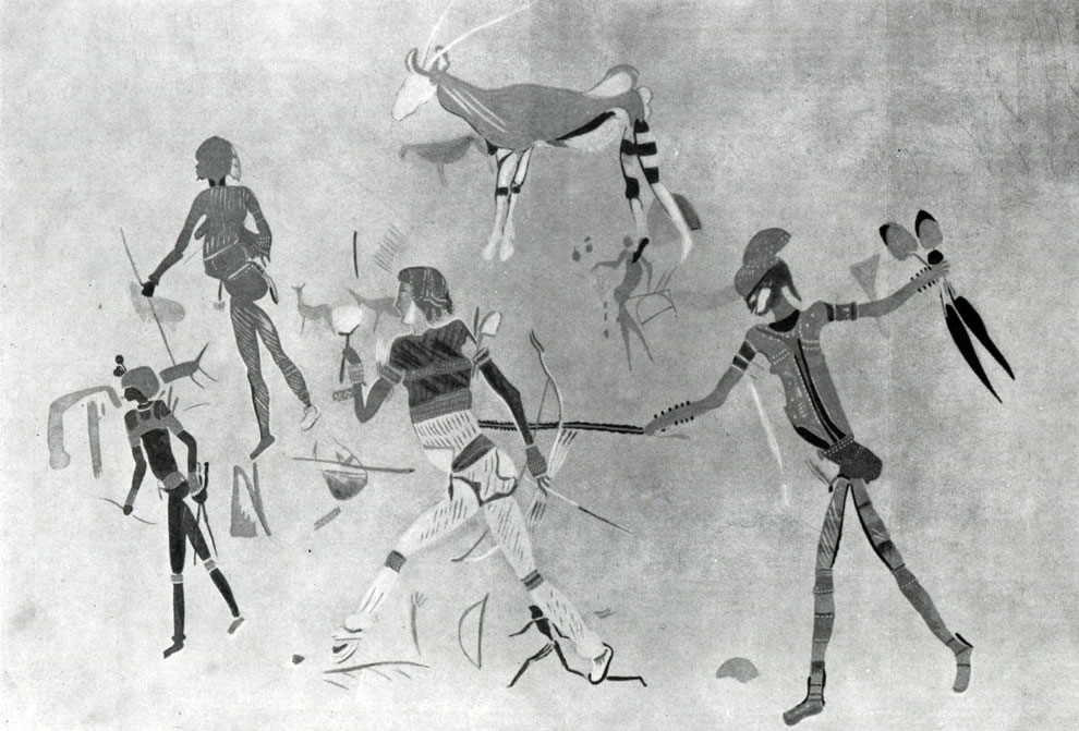  358. Изображение охоты. Наскальная живопись бушменов. Юго-Западная Африка, Брандберг. 