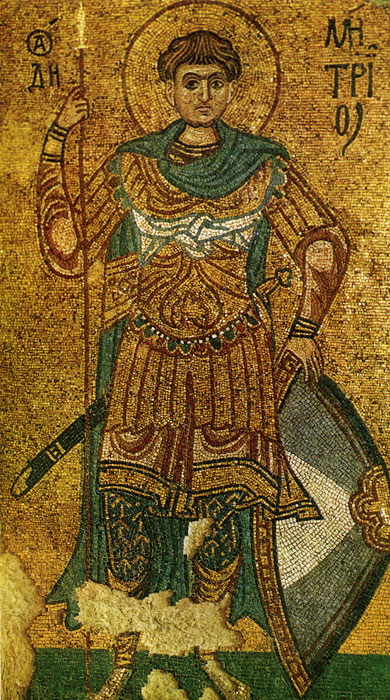  37.  .  -   .  XI . ,  . (Saint Demetrios de Thessalonique. Mosaique du monastere de Saint-Michel au Toit d'or a Kiev. Conservee a la Galerie Tretiakov. Moscou.)