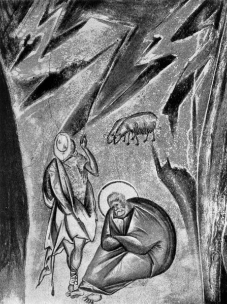  54.   .   ' '     .   XIV .(Saint Joseph et le berger. Fragment de la 'Nativite' de 1'eglise de 1'Assomption du Champ de Volotovo. Fresque, seconde moitie du XlVe s.) 