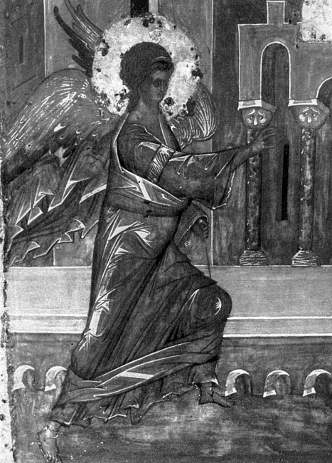  72.   - .  .  XIV . ,  .(L'Annonciation prov. de la Laure de la Trinite-Saint-Serge. Fragment d'une fresque. Galerie Tretiakov de Moscou. ) 