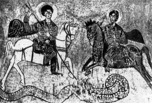 112.   .    (). XI . (Saint Georges et Saint Theodore. Fresque de Karanlek Kilisse (Cappadoce). Xles.)