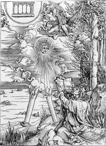  128. Альбрехт Дюрер. Иоанн и ангел в облаке. 1498. Ксилография.(Albrecht Diirer. Saint Jean et 1'ange Xylographie, 1498. ) 