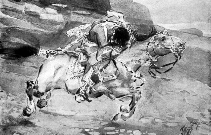 93. . .  .    .  ''. , . 1890-1891. ,  .(M. Vroubel. Cavalier. Illustration au poeme de Lermontov. 'Le Demon'. Aquarelle. 1890-1891. Aquarelle. Galerie Tretiakov. Moscou.)