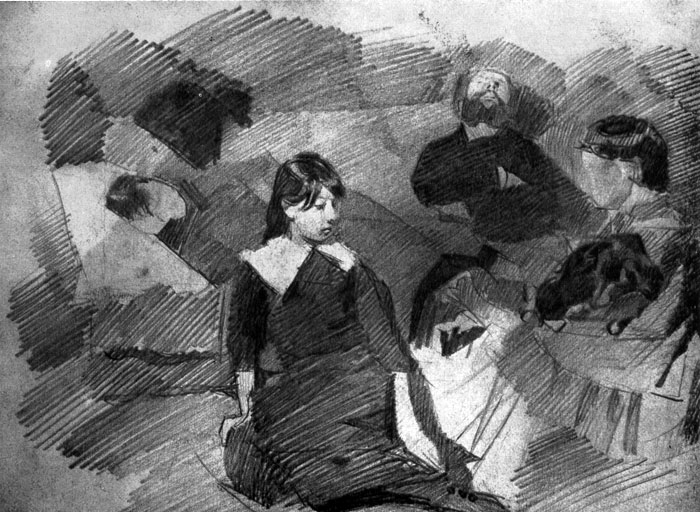  97. . .  .  .  1890. , .  .(M. Vroubel. Groupe de silhouettes. Crayon. Vers 1890. Collection Prakhov. Kiev.) 