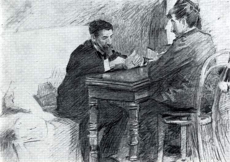 98.  . .   .  . 1903  1904. ,  .(M. Vroubel. Joueurs de cartes. Crayon. 1904. Galerie Tretiakov. Moscou.)