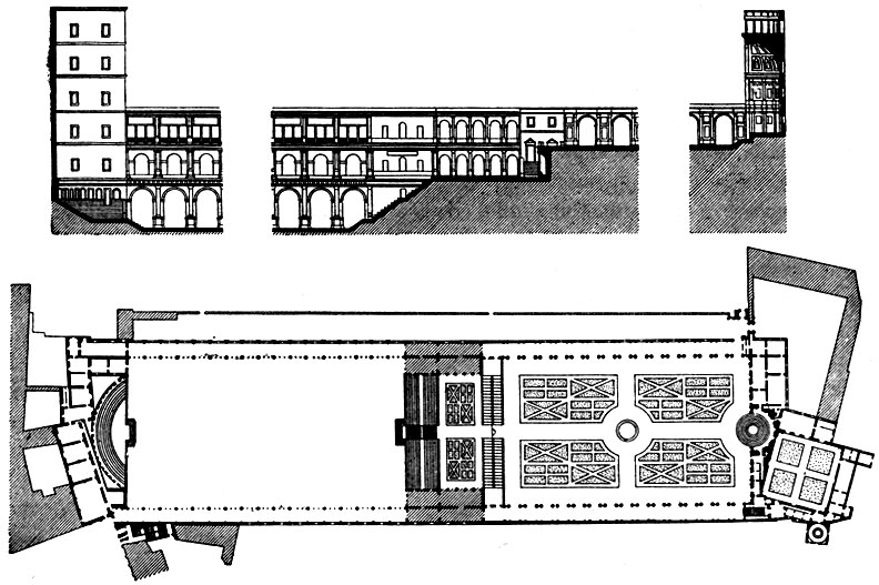 рис.стр.142 Браманте. Двор Бельведера в Риме. После 1505 г. Продольный разрез и план.