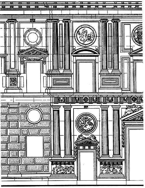 рис.стр.457. Педро Мачука. Дворец Карла V в Гранаде. Начат в 1526 г. Фрагмент фасада.