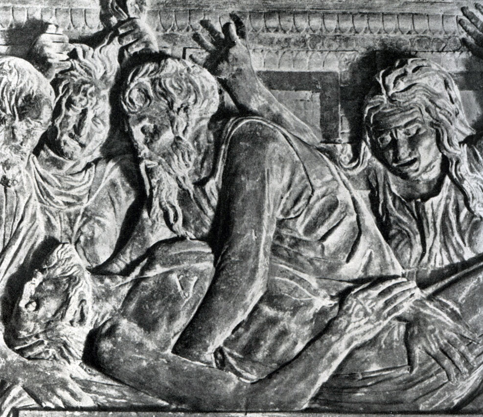 илл.52 Донателло. Положение во гроб. Рельеф в церкви Сант Антонио в Падуе. Фрагмент. Тонированный известняк. 1440-е гг.