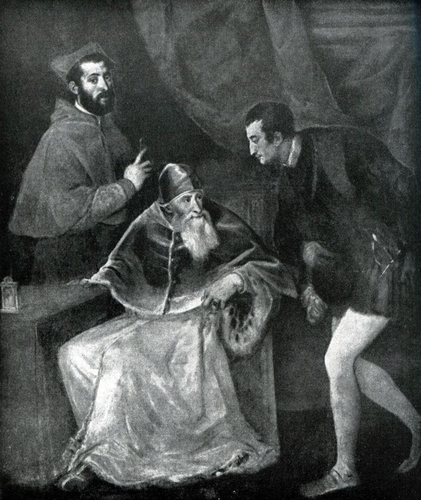 илл.212 Тициан. Портрет папы Павла III с Алессандро и Оттавио Фарнезе. 1545- 1546 гг. Неаполь, музей Каподимонте.