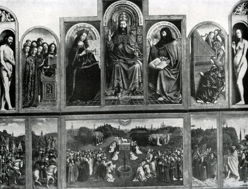 илл.245 Губерт и Ян ван Эйк. Гентский алтарь (в раскрытом виде). 1426-1432 гг. Гент, церковь св. Бавона. 