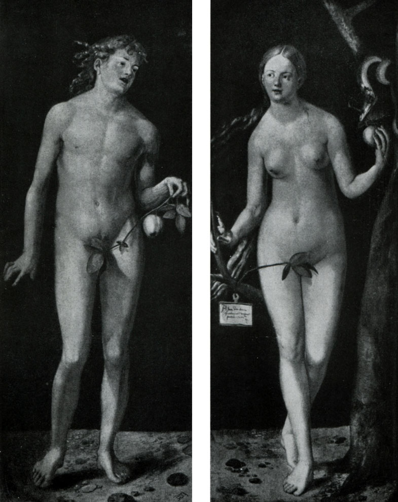 илл.318а,б Дюрер. Адам и Ева. 1507 г. Мадрид, Прадо. 