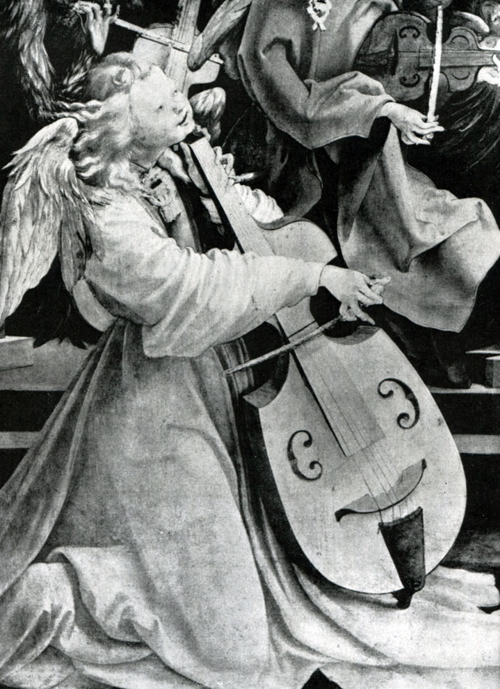 илл.328 Грюневальд. Музицирующий ангел. Фрагмент центральной части Изенгеймского алтаря (в открытом виде).