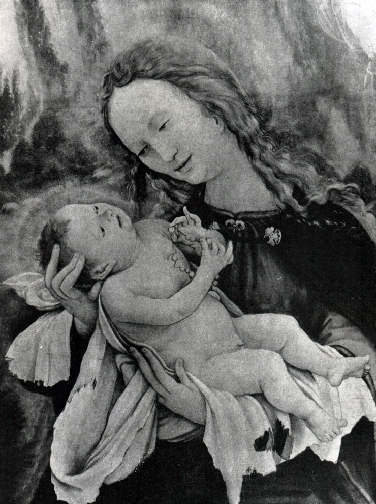 илл.329 Грюневальд. Мария с младенцем. Фрагмент центральной части Изенгеймского алтаря (в открытом виде).