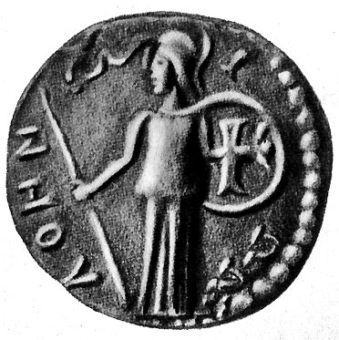 32. Афинская монета с изображением статуи Афины Промахос Фидия. V в. до н. э.