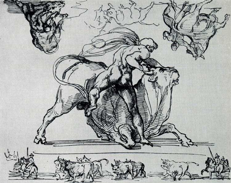 Теодор Жерико. Человек, повергающий быка. Рисунок. Тушь, перо. Ок. 1817 г. Париж, Лувр.