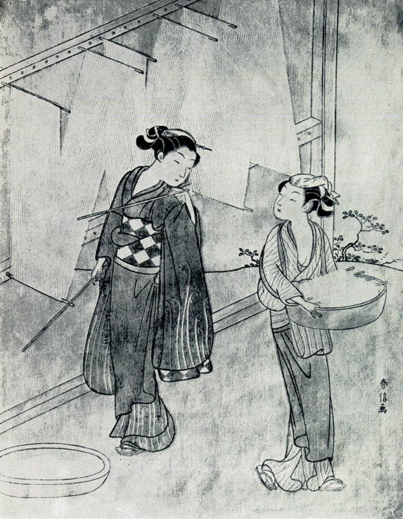 Сузуки Харунобу. Сушка нитей. Цветная гравюра на дереве. 1766 г.