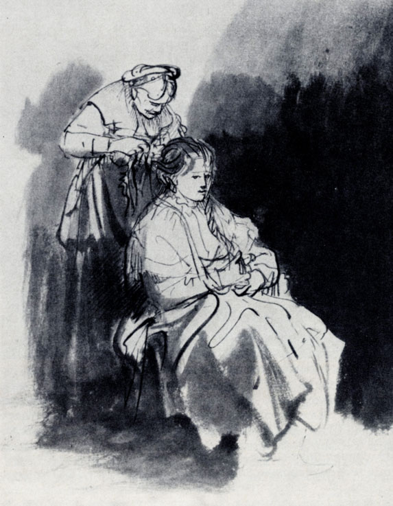 Рембрандт. Молодая женщина за туалетом. Рисунок. Кисть, перо, бистр, тушь. Ок. 1632 - 1634. Вена, Альбертина