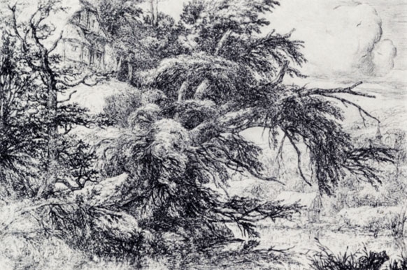 Якоб ван Рейсдаль. Хижина на холме. Офорт. Ок. 1650