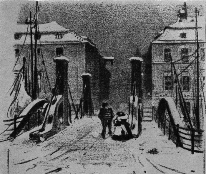 Генрих Цилле. Мост Юнгфербрюкке. Рисунок. Уголь, тонированная бумага. 1900 г.