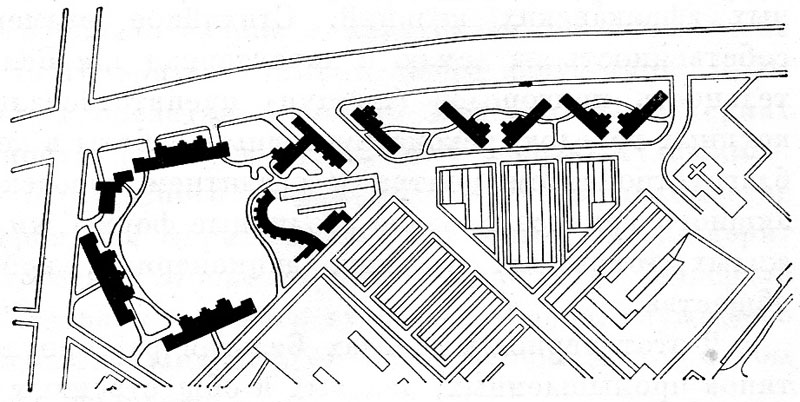 Р. Брам, Р. Мас, В. Mapманс. Жилой комплекс Киль в Антверпене. 1950—1955 гг. Схема планировки.
