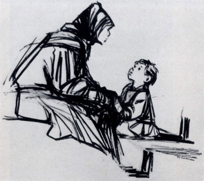 Фл. Кордеску. Женщина с ребенком. Рисунок. Тушь