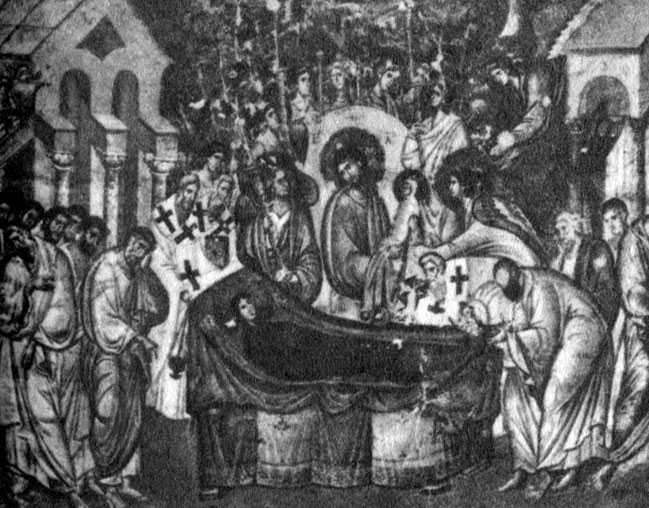 Успение богоматери. Фрагмент фрески церкви Троицы в Сопочанах. Конец XIII в.