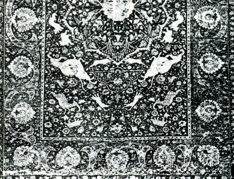Fig. 27. 'Tebriz'   carpet.   Central   fieldimages   of  people   and   animals. Border - 'Khatai' type