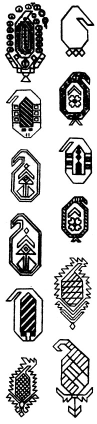 Fig. 64. Images of buta. First group: 'Mugan-buta'  1-6, 'Khila-buta' 7-13, 'Baku-buta' 14-21, 'Shirvan-buta' 22-30, 'Sarabi-buta' or 'Mir-buta' 31-33, 'Gyanja-buta' 34