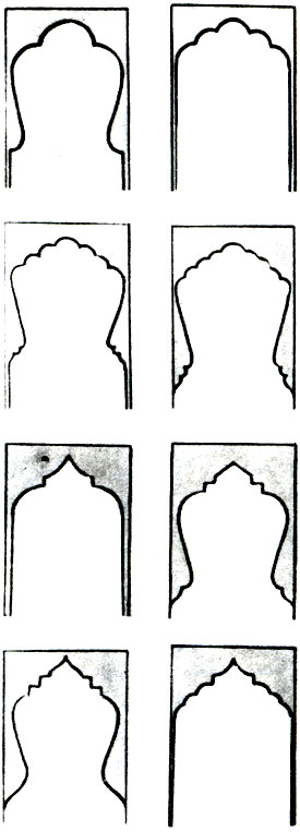 Fig. 95a. Forms of decorative arch-lachak: Kesikkhatli lachak 17-2; Kesik-bashlylachak 21-24; Dilikli lachak 25-32