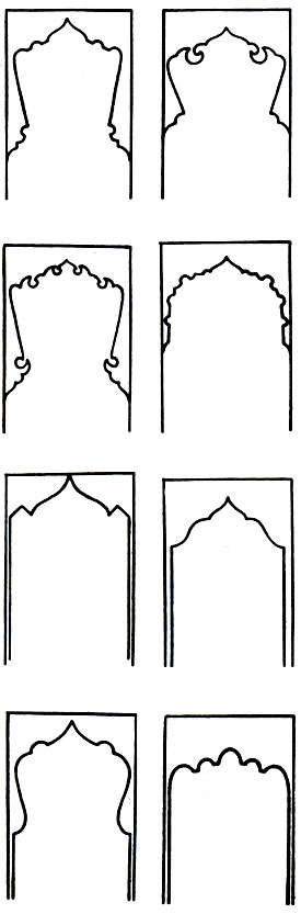 Fig. 96. Forms of decorative arch lachak: Diliklyar lachak 33-36; Sachly-lar lachak 37-40; Lachaks of complex form 44-44; Bashdas-hylar lachak 45-48