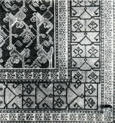 Fig. 12. XIII century. Carpet, representing North-East school of carpet-making in Azerbaijan. Ornament was adopted from middleaged cloths. Istambul, Turk ve Islam Eserleri Muzesi, identified as 'Seljug'. Inv. N 685