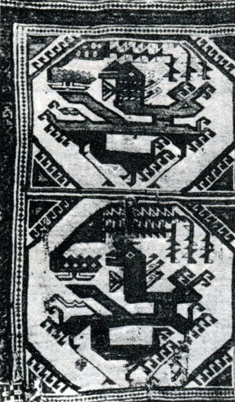 Fig. 17. 'Fight of dragon with Phoenix' carpet. Gyanja-Kazakh type. XV century. Berlin, Museum of Arts