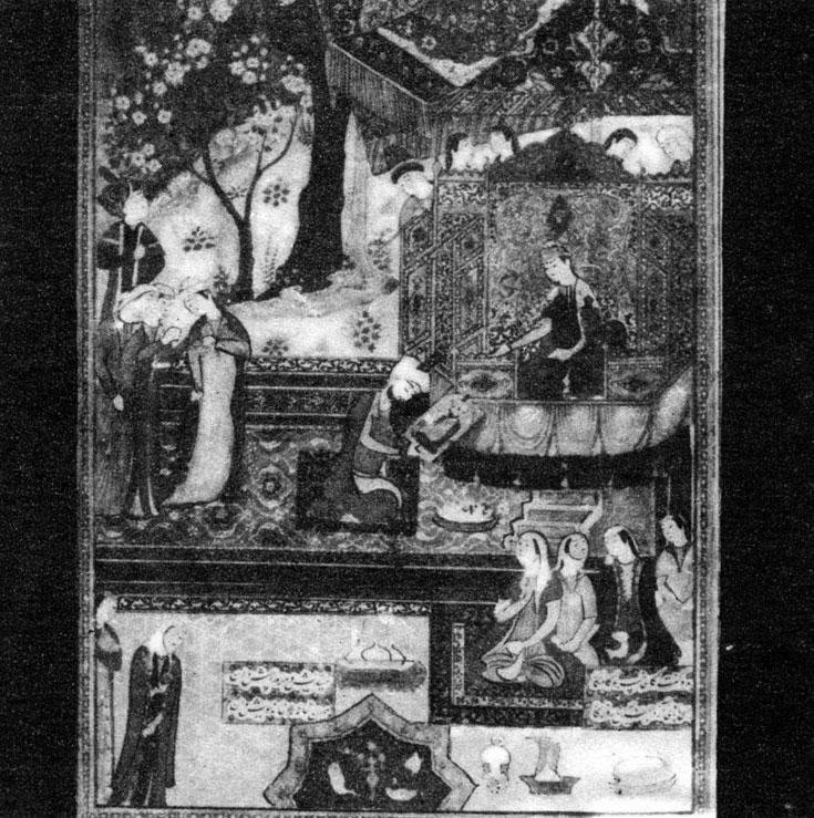 Fig. 19. Miniature with carpet picture. Central field 'Islimibendlik', border - 'Khashy' ornament, characteristic for Baku and Kuba carpets (Kyufi). XVI century