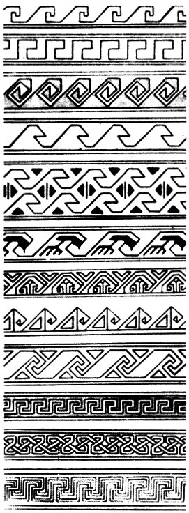 Fig. 109. Different border stripes, decorated with S-shaped elements, which were widely used in Azerbaijanian carpets