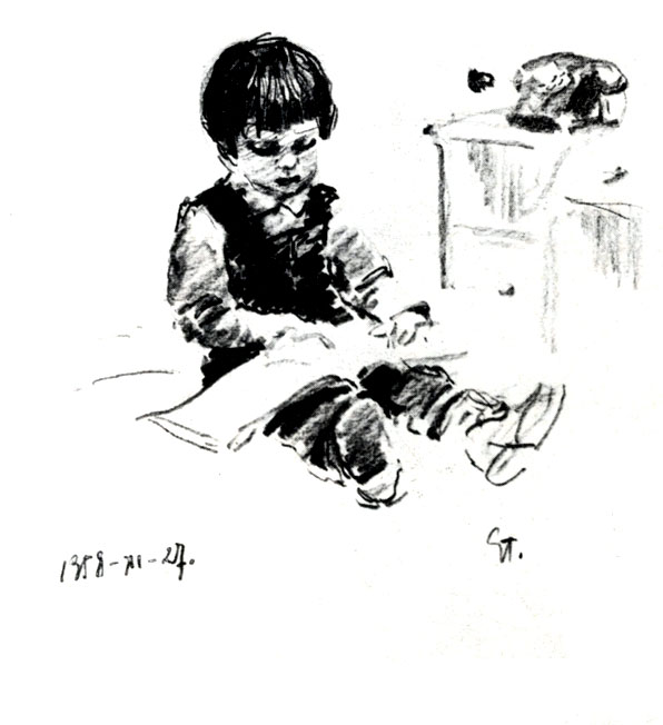 7.  ,   . 1958. , . 20×20. Portrait of Rasa, Sitting on the Floor. 1958. Pencil. 20×20