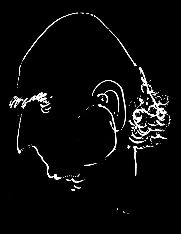 50.   . . 1964.  , , . 27×19. Caricature of Juozas Kuzminskis. 1964. Pen and white on black paper. 27×19